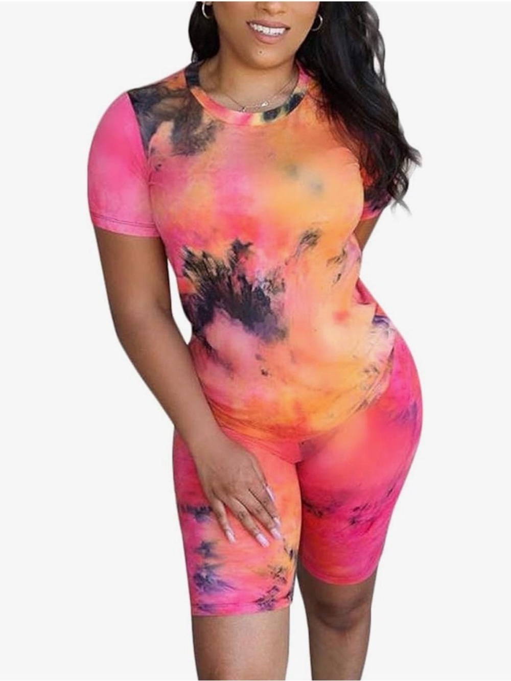 Short Sleeve Top & Biker Shorts Set - Pink Orange Blend